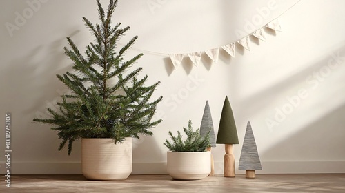 Cozy Indoor Scene Featuring Potted Evergreen Plants and Stylish Decorative Trees Accented by Soft Textile Garland in Bright Minimalist Space