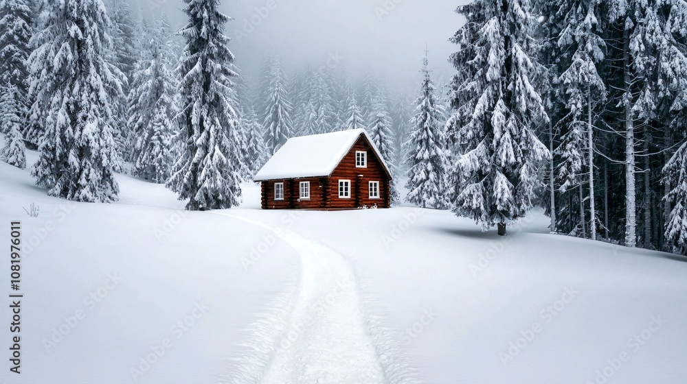 Naklejka premium Cozy Red Cabin in a Winter Wonderland Surrounded by Snow-Covered Trees and a Tranquil Path Through a Serene Forest Landscape