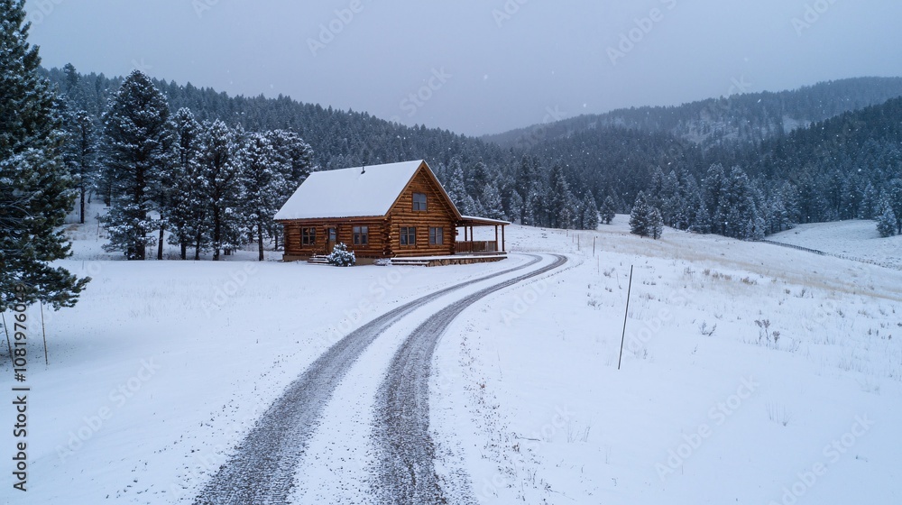 Naklejka premium Snowy Landscape with Cozy Wooden Cabin Surrounded by Pine Trees, Majestic Mountains and Gentle Falling Snow Under Overcast Sky in Winter Wonderland