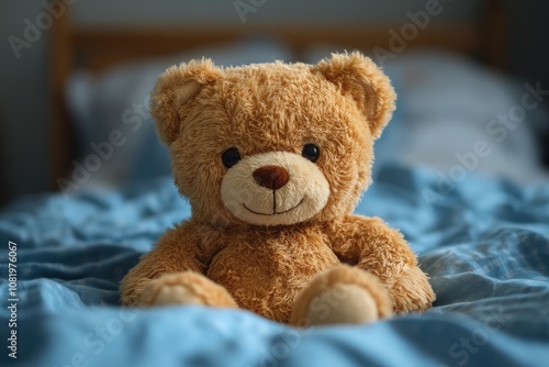 A teddy bear in a hospital ward lies on a bed. Medicine, hospital, treatment, illness, children, toys photo