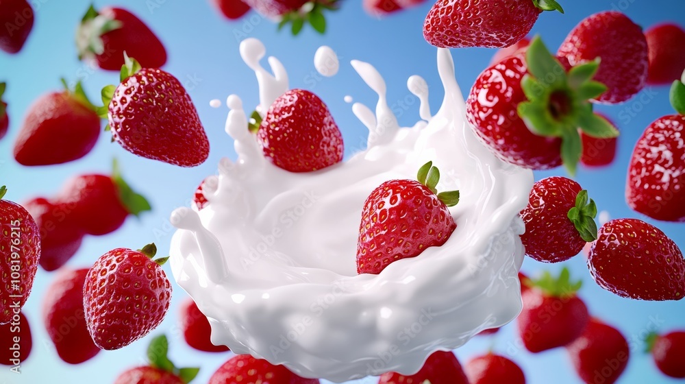 Splash of strawberry milk with strawberries floating in the air. Concept of freshness and indulgence, as the strawberries and milk are combined to create a delicious and nutritious beverage Splash of strawberry milk with strawberries floating in the air. Concept of freshness and indulgence, as the strawberries and milk are combined to create a delicious and nutritious beverage