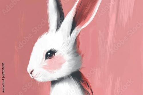 Minimalistic portrait of a fluffy bunny on pink background for children's room decor