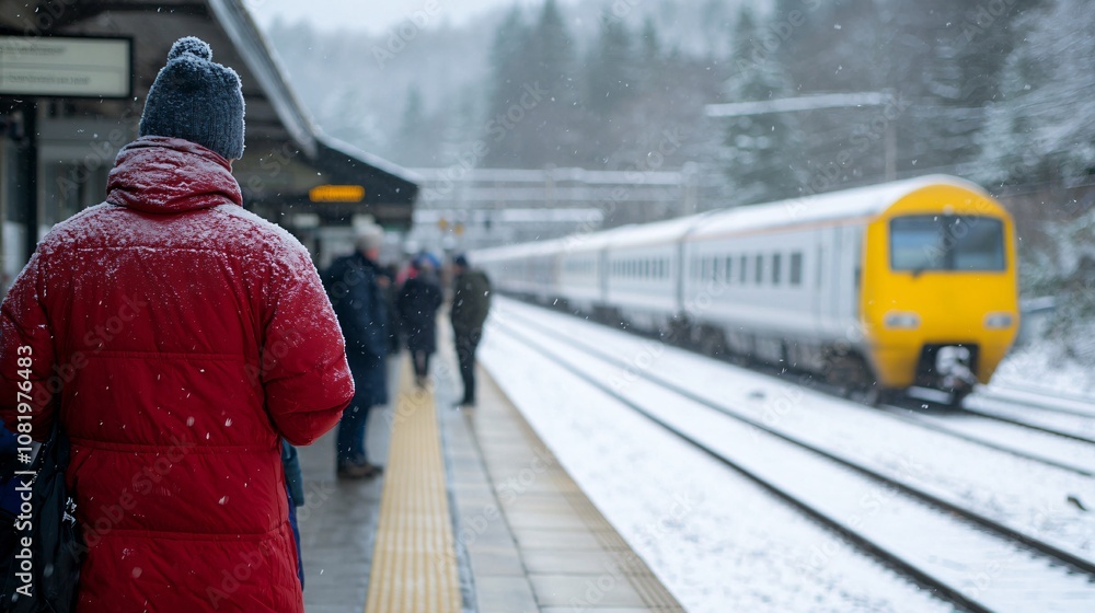 custom made wallpaper toronto digitalSnowy Winter Scene at Train Station with Passengers Waiting for Arrival of Train in Flourishing Snowfall, Capturing the Essence of Cold Weather Travels