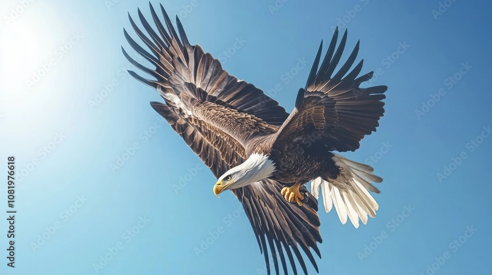 Bald Eagle Soaring Through the Blue Sky with Wings Spread Bald Eagle Soaring Through the Blue Sky with Wings Spread