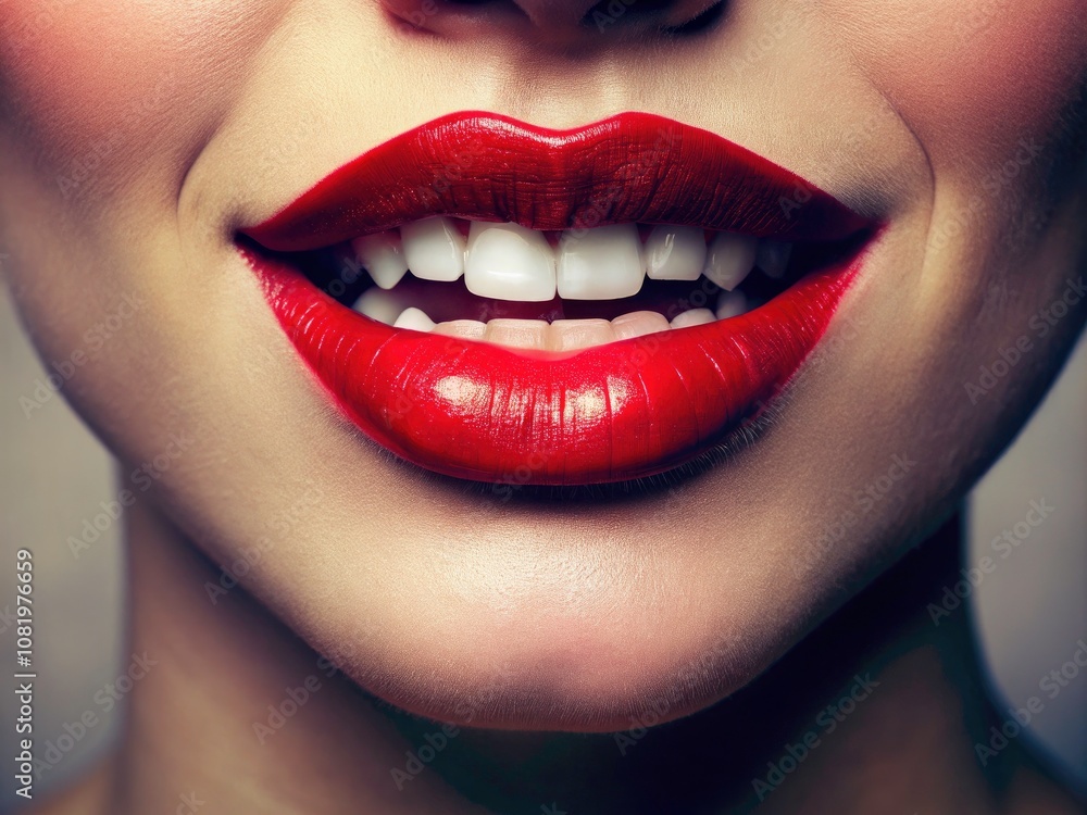 Close-Up of Beautiful Expressive Smiling Lips in Vintage Style, Realistic Candid Photography Isolated on White Background for Beauty and Cosmetic Themes