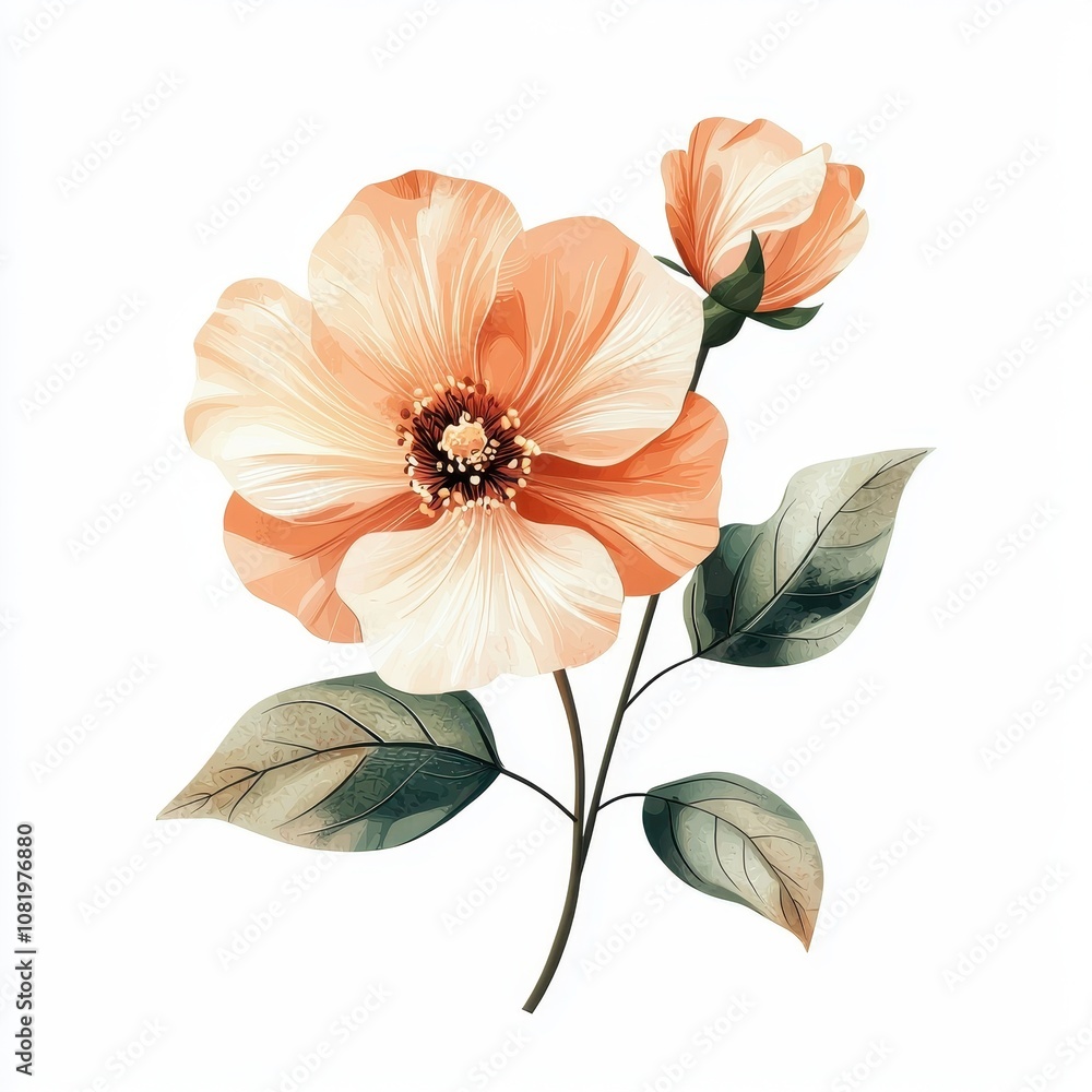 Naklejka premium Elegant Peach Flower with Buds and Green Leaves