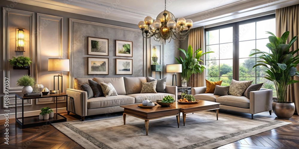 Fototapeta premium Absolutely Chic Living Room with Elegant Furniture, Stylish Decor, and Cozy Ambiance Perfect for Creating a Luxurious and Inviting Atmosphere in Modern Home Interior Design