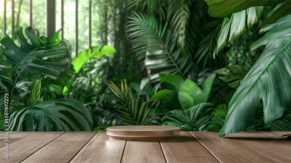 Cosmetic display product stand, Wood round cylinder podium on wood board with green leaf background. Cosmetic display product stand, Wood round cylinder podium on wood board with green leaf background.