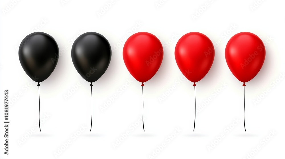 Five balloons of different colors, including black and red. The balloons are arranged in a row, with the black balloons on the left and the red balloons on the right Five balloons of different colors, including black and red. The balloons are arranged in a row, with the black balloons on the left and the red balloons on the right
