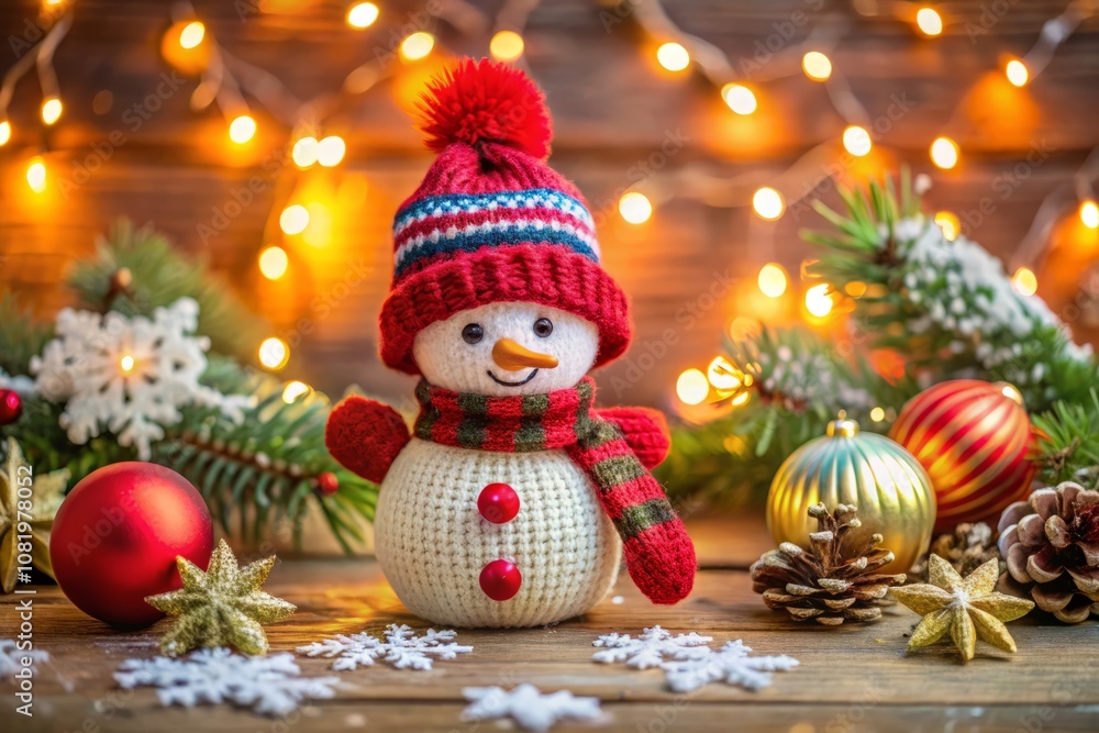 Adorable Knitted Snowman with Red Hat and Scarf Surrounded by Festive Christmas Decorations, Evoking Holiday Cheer and Warmth in a Cozy Winter Setting Adorable Knitted Snowman with Red Hat and Scarf Surrounded by Festive Christmas Decorations, Evoking Holiday Cheer and Warmth in a Cozy Winter Setting