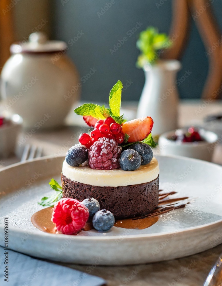 Elegant Dessert Presentation of Vegan Chocolate Cake With Fresh Berries and a Coconut Cream Topping, Served in a Fine Dining Restaurant for a Luxurious Sweet Treat Elegant Dessert Presentation of Vegan Chocolate Cake With Fresh Berries and a Coconut Cream Topping, Served in a Fine Dining Restaurant for a Luxurious Sweet Treat