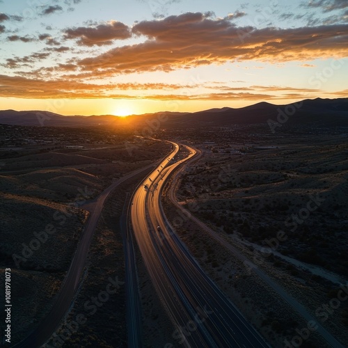 Sunset highway with desert landscape and mountains.