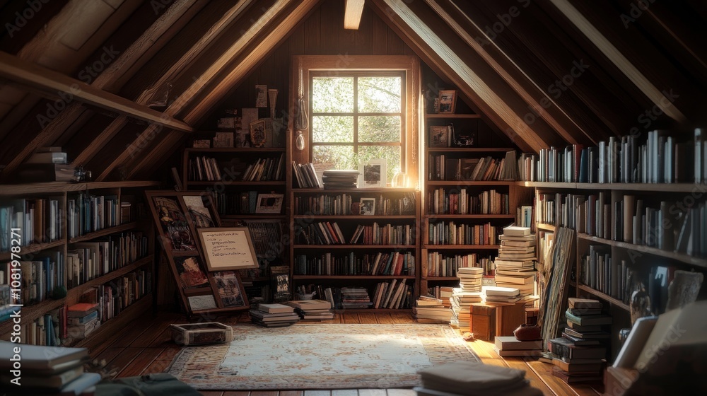 A Cozy Attic Room Filled with Books and Art A Cozy Attic Room Filled with Books and Art