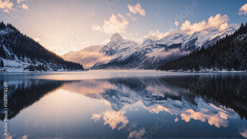 A serene lake reflects snow-capped mountains and a vibrant sunrise sky, surrounded by dense pine forests, creating a tranquil and picturesque landscape.