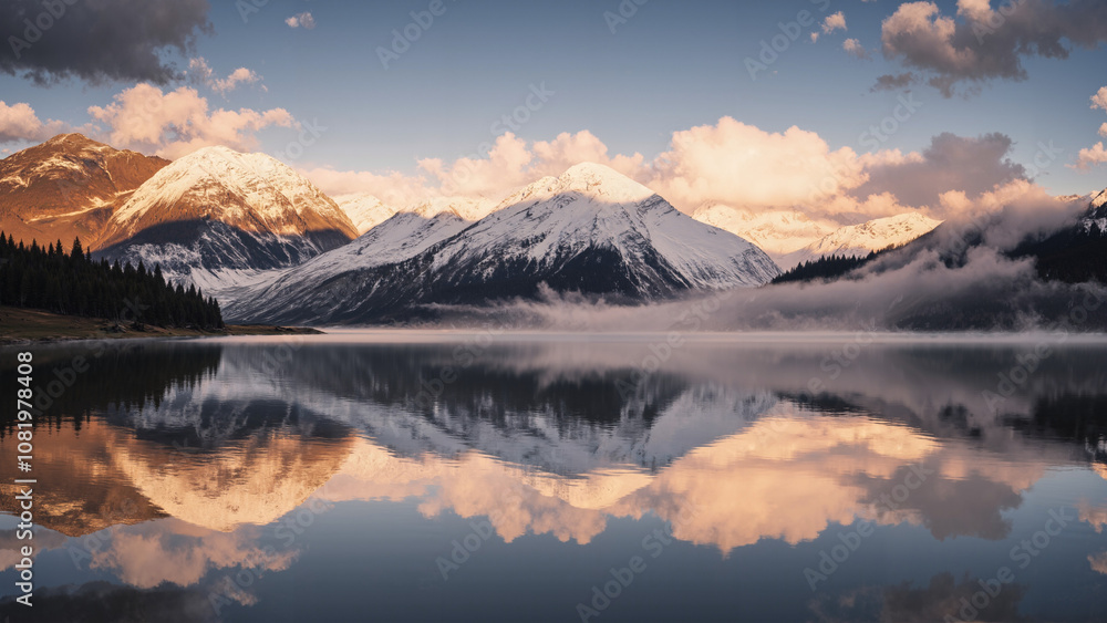 A serene lake reflects snow-capped mountains and a vibrant sunrise sky, surrounded by dense pine forests, creating a tranquil and picturesque landscape. A serene lake reflects snow-capped mountains and a vibrant sunrise sky, surrounded by dense pine forests, creating a tranquil and picturesque landscape.