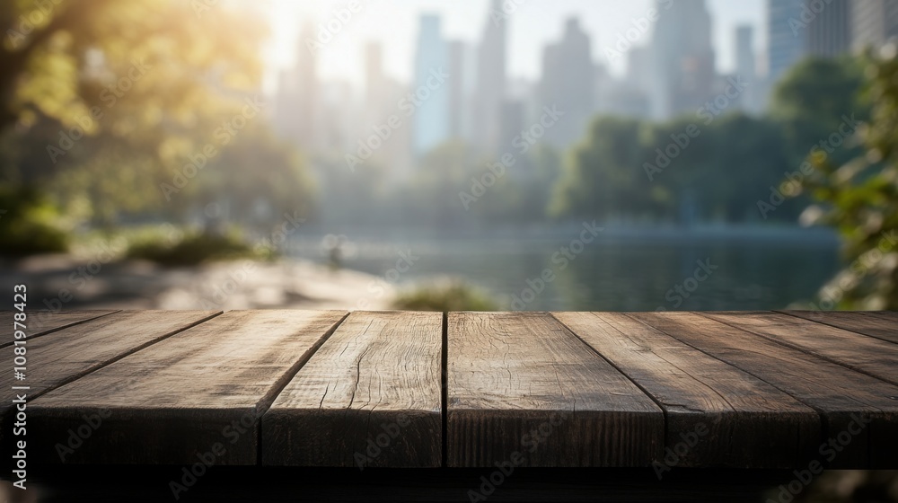 Serene View of an Urban Park with a Wooden Table in the Foreground, Capturing Nature and City Life in Perfect Harmony During a Sunny Day Serene View of an Urban Park with a Wooden Table in the Foreground, Capturing Nature and City Life in Perfect Harmony During a Sunny Day