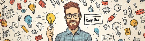 A creative illustration of a man holding a lightbulb, surrounded by various icons symbolizing innovation, ideas, and brainstorming.