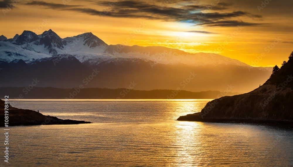 Golden Sunset Reflecting Over Calm Ocean Waters, Captured Against the Silhouette of Distant Mountains and Snow-Capped Peaks for a Serene Coastal Landscape Scene Golden Sunset Reflecting Over Calm Ocean Waters, Captured Against the Silhouette of Distant Mountains and Snow-Capped Peaks for a Serene Coastal Landscape Scene