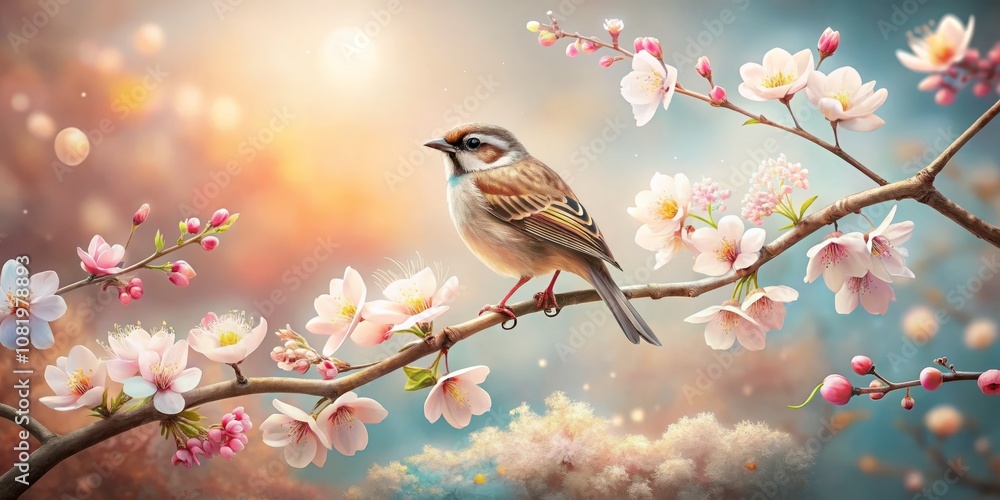Aerial View of a Small Bird Perched on a Blossom-Adorned Branch with a Soft Pastel Background - Nature's Beauty Captured in Stunning Detail Aerial View of a Small Bird Perched on a Blossom-Adorned Branch with a Soft Pastel Background - Nature's Beauty Captured in Stunning Detail