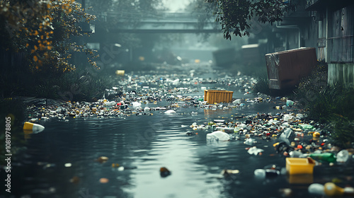 Polluted River Filled with Plastic Bottles and Waste photo