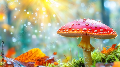 Vibrant Red Mushroom with Dew Drops in a Colorful Autumn Forest Surrounded by Leaves and Soft Light Creating a Dreamy Magical Atmosphere