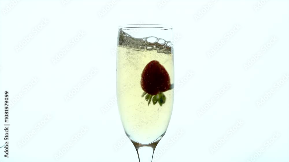 Single strawberry dropping into a champagne flute creates an elegant splash against a clean white background