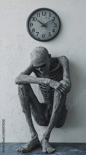 A Gaunt Figure Sitting Before the Clock Time s Slow Passage Symbolizing Hunger s Toll photo