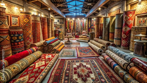 Aerial View of Colorful Rolled Up Oriental Rugs in a Fabric Store, Showcasing Various Patterns and Textures Ready for Purchase, Emphasizing Artisanal Craftsmanship and Unique Designs