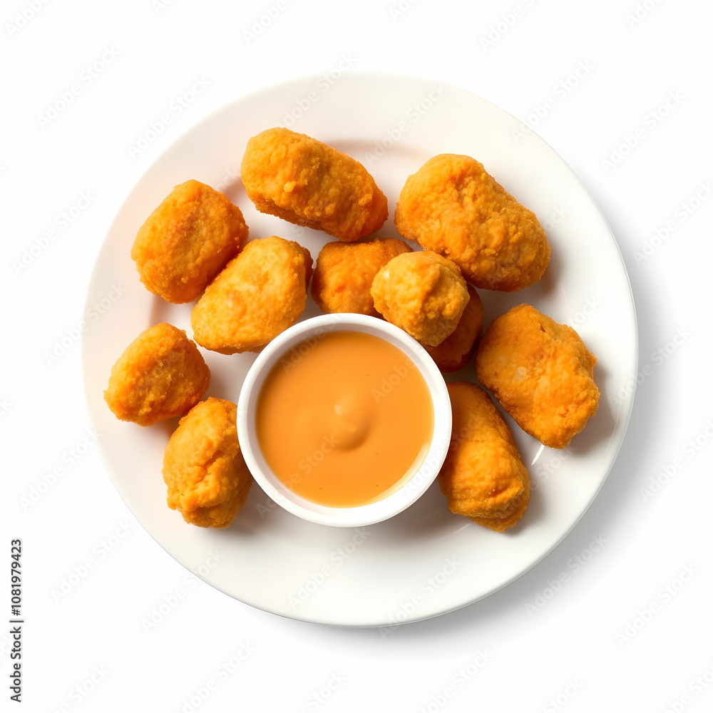 A plate of golden chicken nuggets with a small cup of dipping sauce, set against a white background A plate of golden chicken nuggets with a small cup of dipping sauce, set against a white background