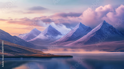A Serene Landscape of Pastel-Colored Mountains with Soft Hues and Tranquil Atmosphere