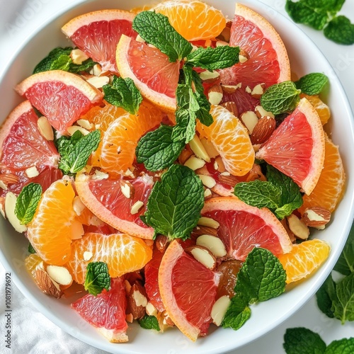 A refreshing and tangy citrus salad with grapefruit, oranges, and a light honey dressing photo