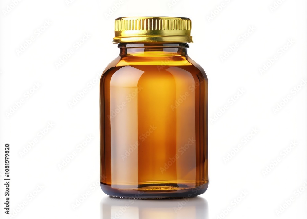Amber Glass Bottle of Liquid Medicine with Gold Cap Isolated on White Background for Pharmaceutical, Health, and Wellness Imagery in Stock Photography Amber Glass Bottle of Liquid Medicine with Gold Cap Isolated on White Background for Pharmaceutical, Health, and Wellness Imagery in Stock Photography