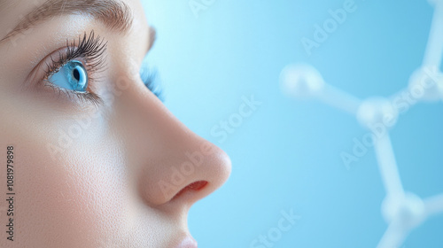Close up of woman face with blue eyes and molecular structure in background, symbolizing skincare and beauty innovation