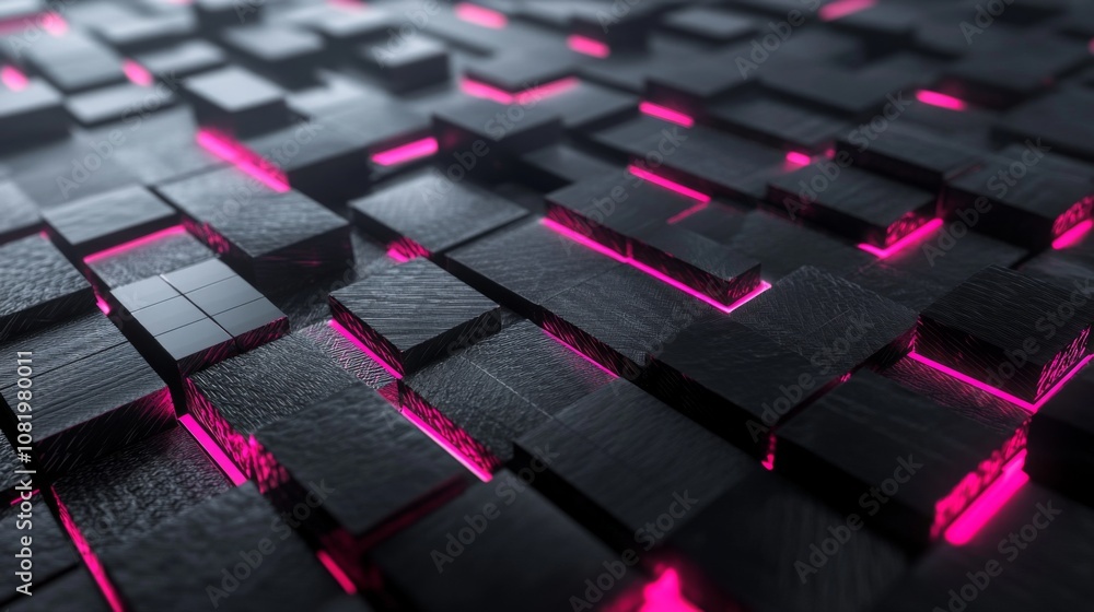 Fototapeta premium Abstract dark textured background with glowing pink lines and squares, creating a modern, high-tech, digital landscape suitable for technology, design, or art projects.