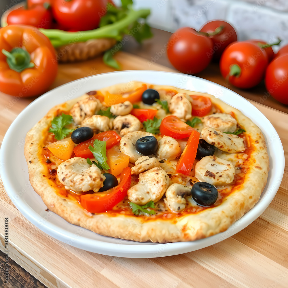 Mix pizza chicken tomato bell pepper olives mushroom side view Mix pizza chicken tomato bell pepper olives mushroom side view