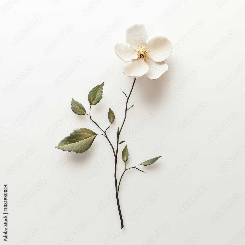 Fototapeta premium Elegant White Flower with Green Leaves on Plain Background