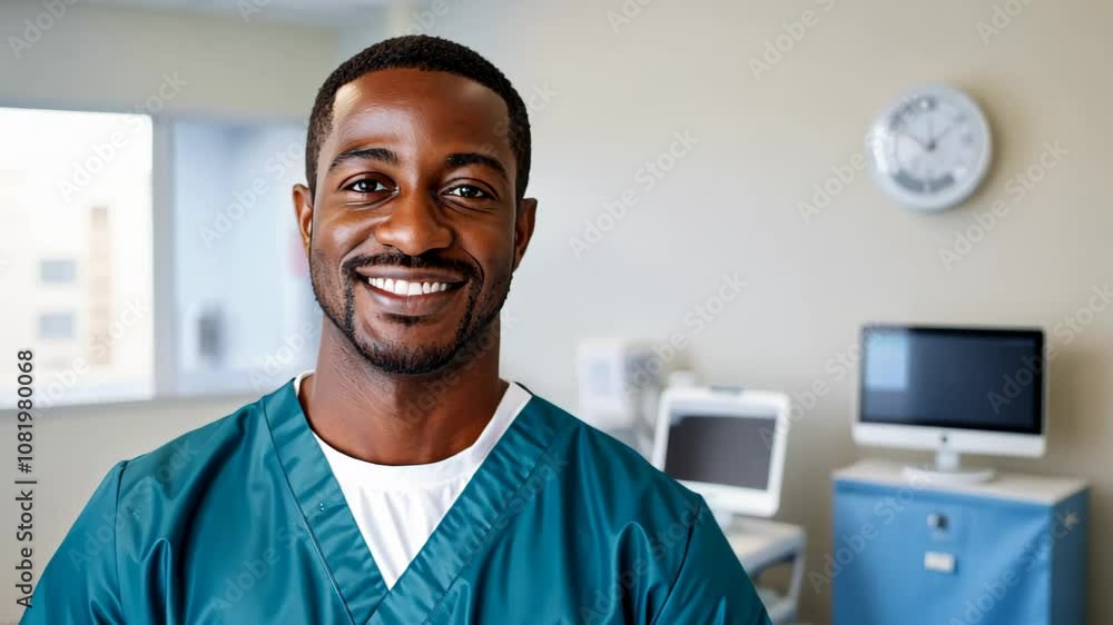 Friendly African American Black Male Man Nurse Doctor Smiling in Hospital Corridor - Healthcare Professional Portrait in Medical Uniform Friendly African American Black Male Man Nurse Doctor Smiling in Hospital Corridor - Healthcare Professional Portrait in Medical Uniform