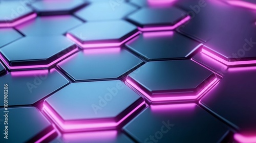 Abstract close-up of glowing hexagonal tiles with neon purple illumination on a sleek reflective surface creating a futuristic and modern ambiance