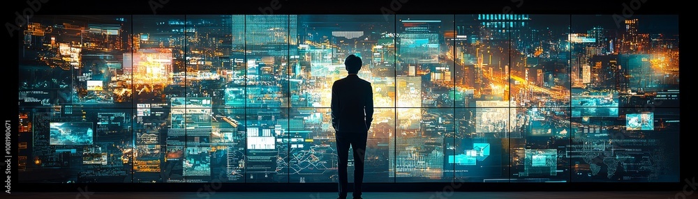 A silhouette of a person in business attire stands before a large display of a vibrant, digital cityscape at night. A silhouette of a person in business attire stands before a large display of a vibrant, digital cityscape at night.