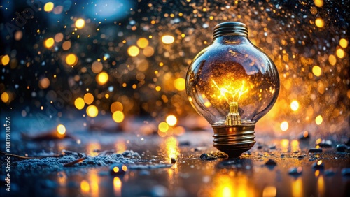 Brightly Golden Fire in Light Bulb Sparkling Light with Bokeh Reflections on Wet Ground, Celebrating the Christmas Holiday Spirit in a Panoramic Scene of Creative Ideas and Joyful Moments