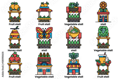 A set of illustrations in the concept of street food stalls in a line drawing style