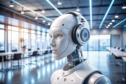 Candid Photography of a White Robot Head with Headphones in a Modern Workspace Setting, Showcasing Technology and Innovation in a Minimalistic Environment