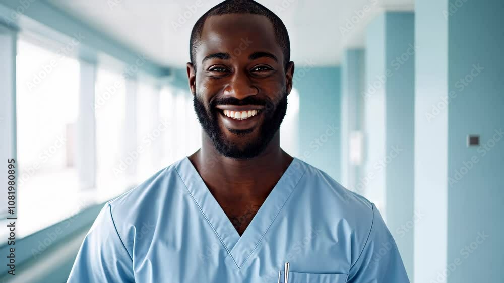 Friendly African American Black Male Man Nurse Doctor Smiling in Hospital Corridor - Healthcare Professional Portrait in Medical Uniform Friendly African American Black Male Man Nurse Doctor Smiling in Hospital Corridor - Healthcare Professional Portrait in Medical Uniform