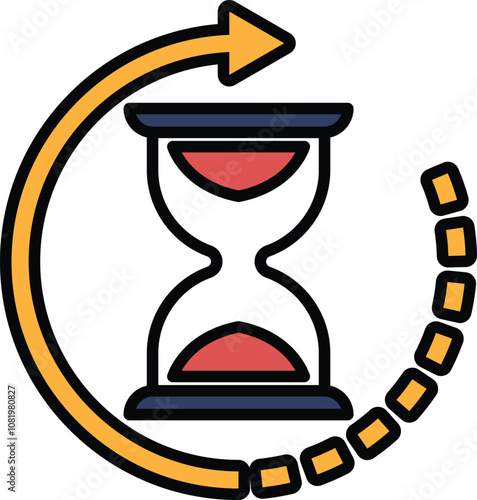 Illustration of hourglass and arrow in line drawing style