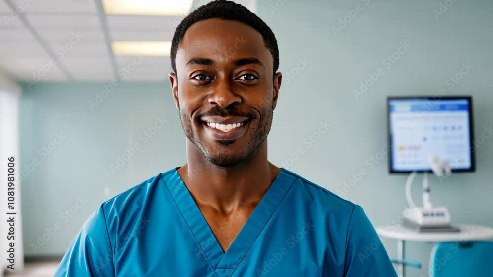 Friendly African American Black Male Man Nurse Doctor Smiling in Hospital Corridor - Healthcare Professional Portrait in Medical Uniform Friendly African American Black Male Man Nurse Doctor Smiling in Hospital Corridor - Healthcare Professional Portrait in Medical Uniform