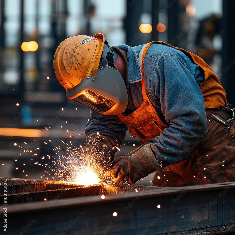 Male worker in an orange hard hat welds metal in a busy construction site at dusk. Male worker in an orange hard hat welds metal in a busy construction site at dusk.