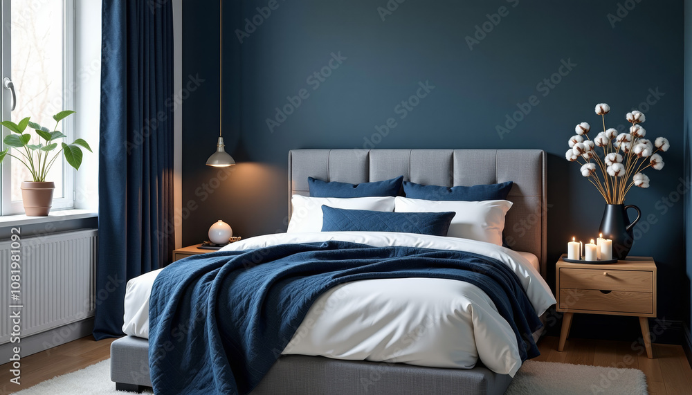 Fototapeta premium Serene and Stylish Bedroom Design with a Touch of Blue and White Elegance