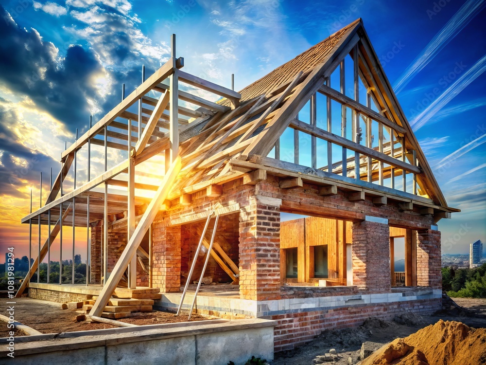 Captivating Double Exposure of a Home Under Construction Blending Traditional and Modern Architectural Styles Against a Vibrant Blue Sky Captivating Double Exposure of a Home Under Construction Blending Traditional and Modern Architectural Styles Against a Vibrant Blue Sky