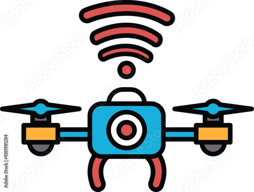 A blue and red drone with a camera on top