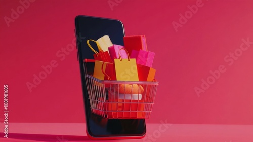 Shopping on Mobile: Cart Full of Items with Red Discount Tags photo